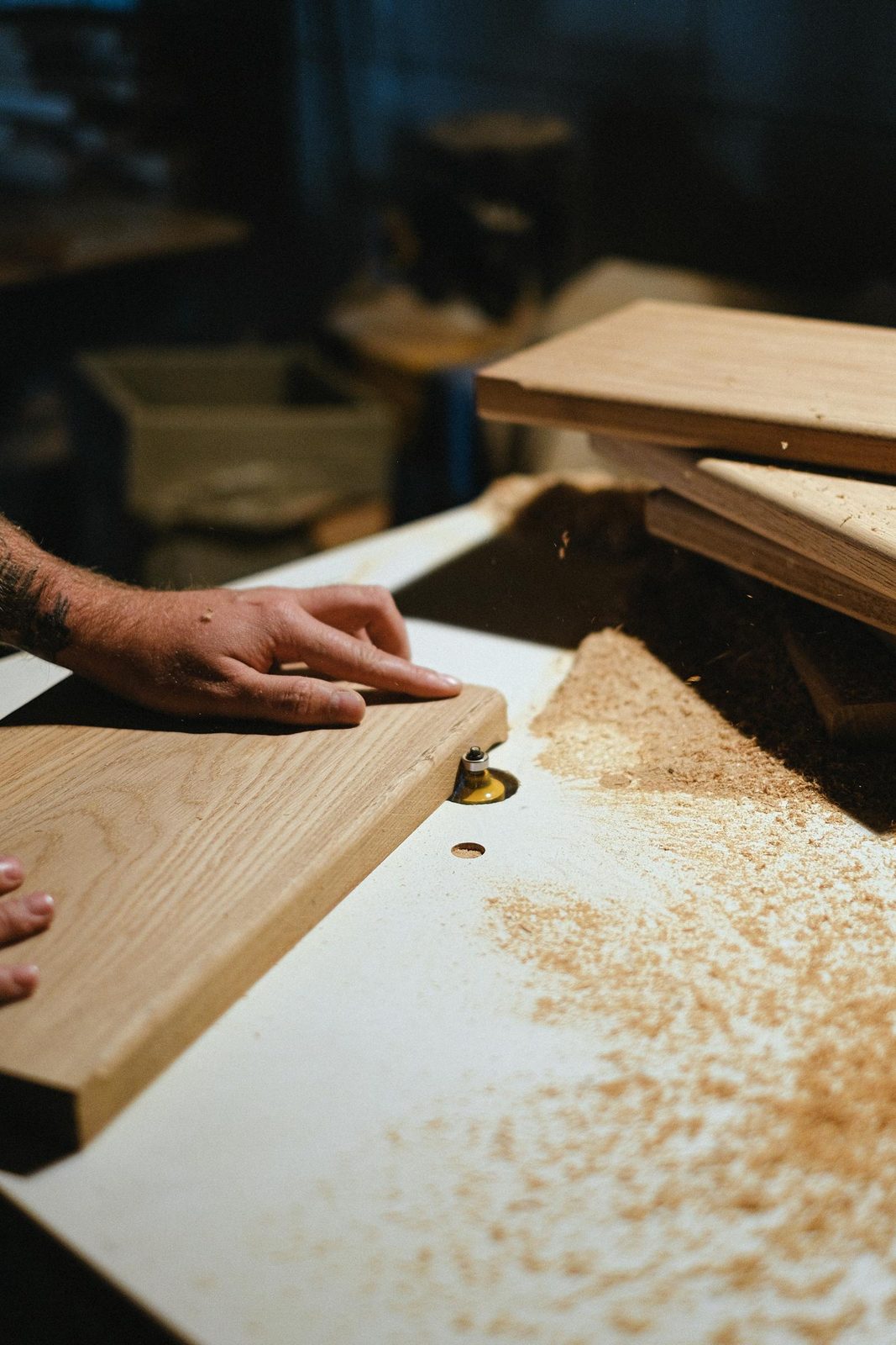 Hands working with wood in a carpentry workshop